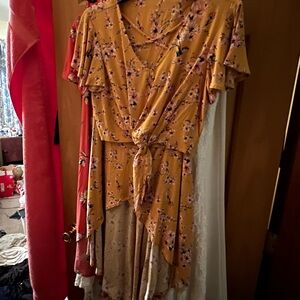 No Boundaries Mustard Yellow Floral Tie-Front Crop Top & High Low Skirt 2 Piece